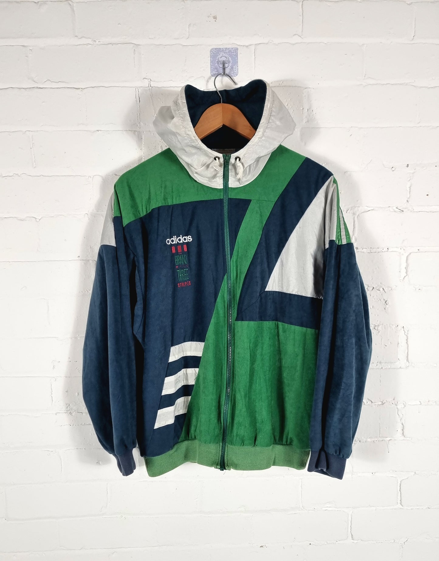 Adidas 1990s Vintage Green Hooded Velour Track Jacket Medium