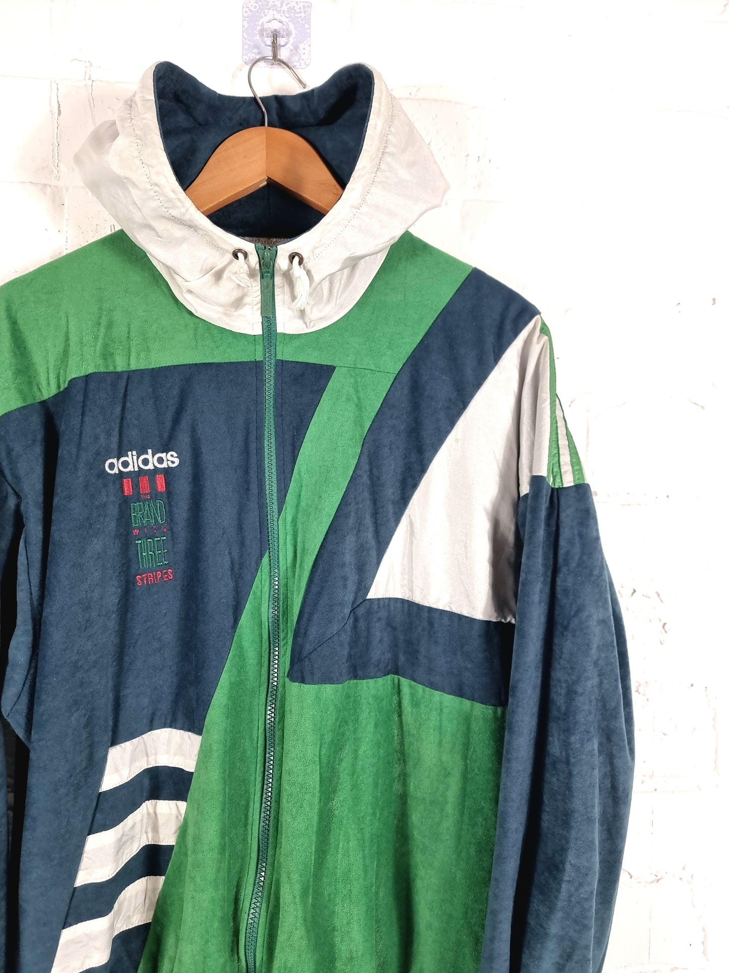 Adidas 1990s Vintage Green Hooded Velour Track Jacket Medium