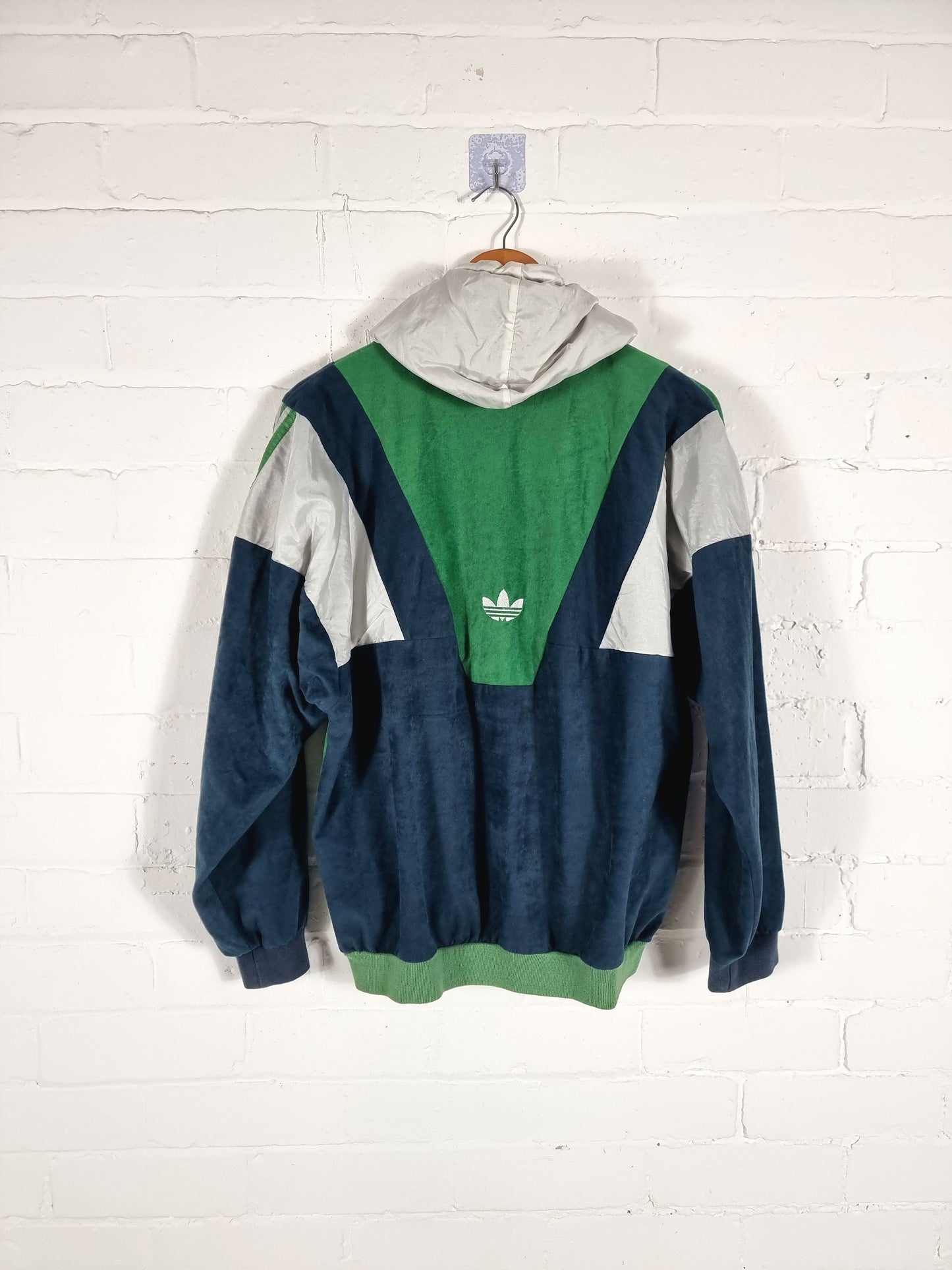 Adidas 1990s Vintage Green Hooded Velour Track Jacket Medium