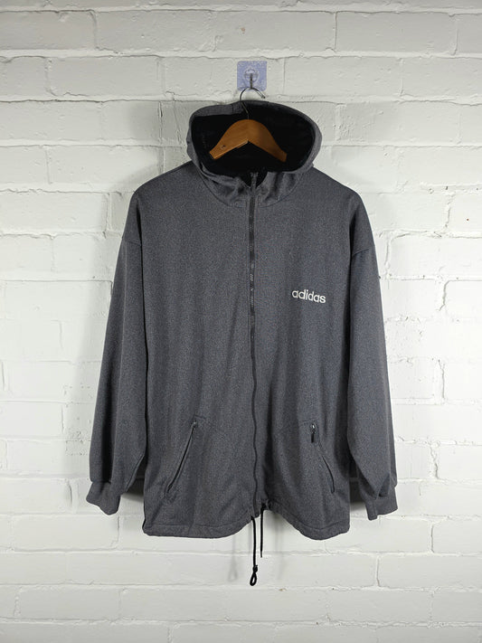 Adidas 1990s Vintage Grey Hooded Track Jacket Large