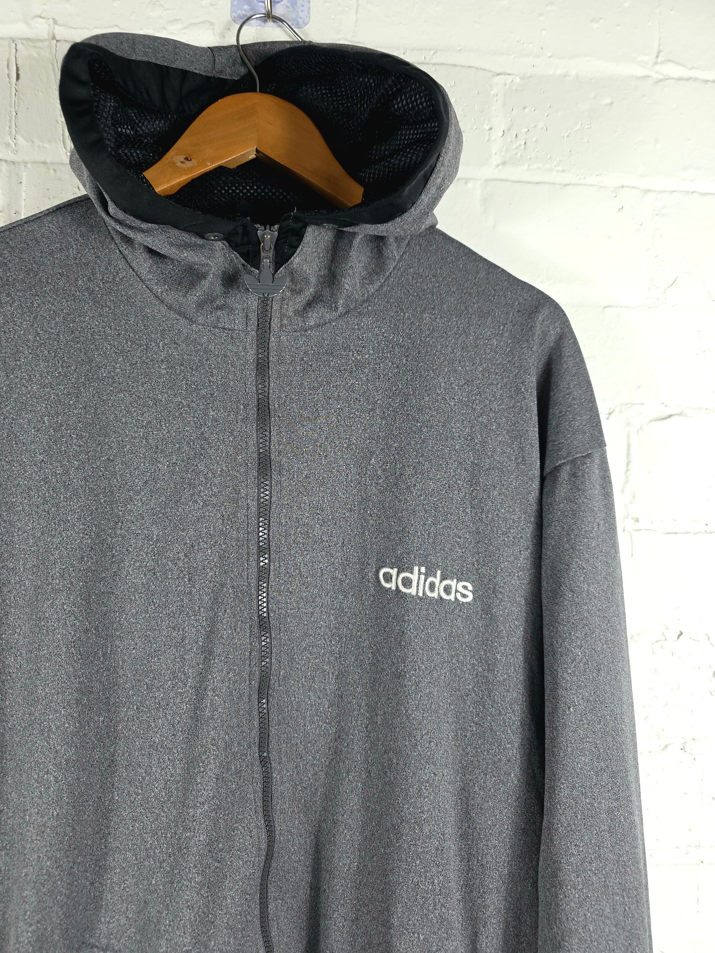 Adidas 1990s Vintage Grey Hooded Track Jacket Large