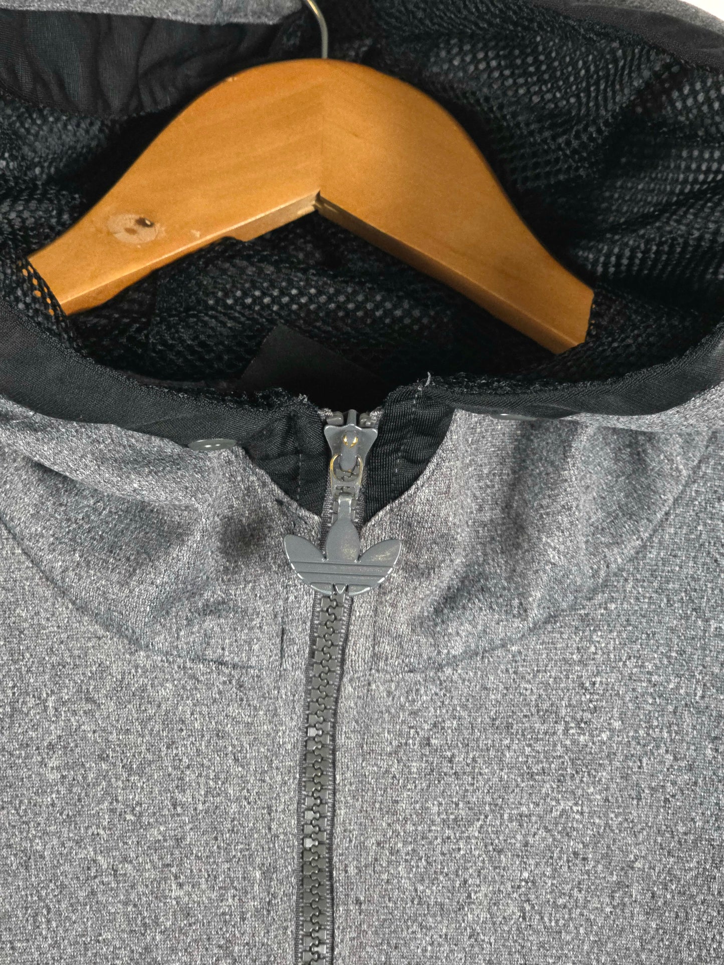 Adidas 1990s Vintage Grey Hooded Track Jacket Large